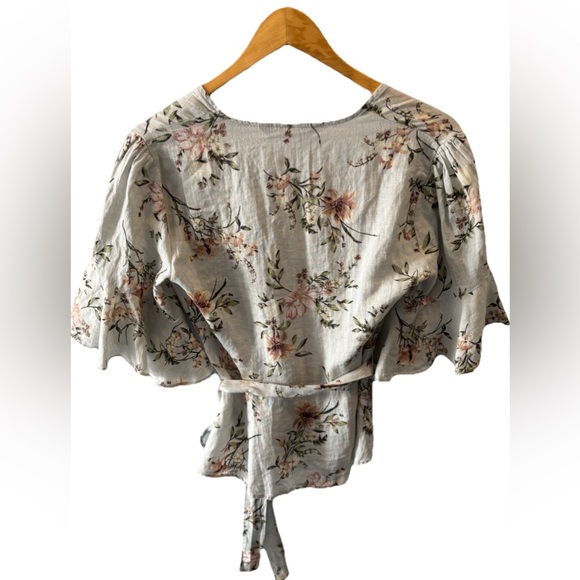 Zara 100% Linen Floral Peplum Wrap Top Sz S Tie Waist Flutter Flare Sleeves NWT| - Picture 5 of 13